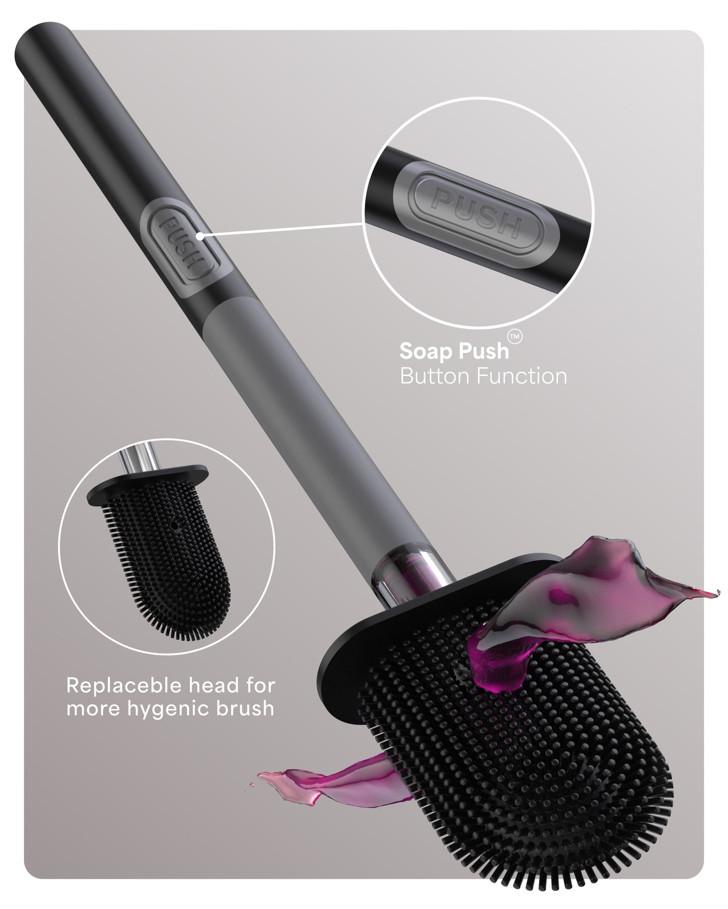 SILICONE AND (GREY) STAINLESS STEEL TOILET PUSH BRUSH