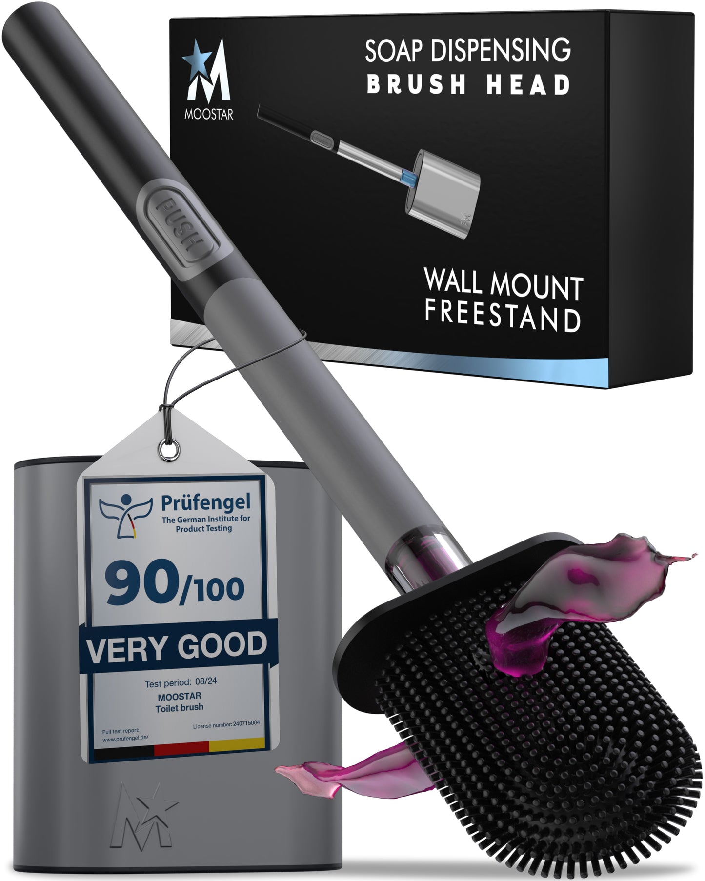 SILICONE AND (GREY) STAINLESS STEEL TOILET PUSH BRUSH