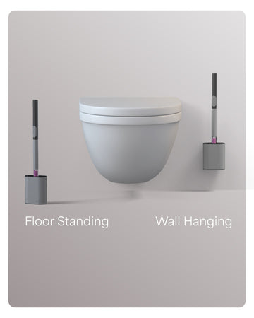 Moostar Soap Push silicone toilet brush in grey shown wall-mounted and floor-standing in its sealed base holder