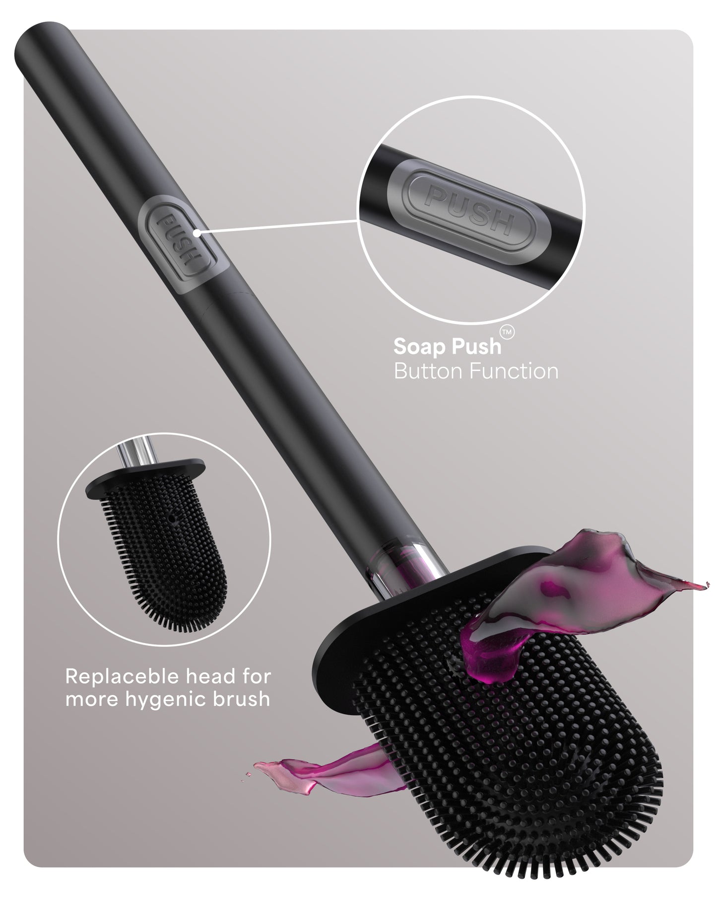 SILICONE AND (BLACK) STAINLESS STEEL TOILET PUSH BRUSH