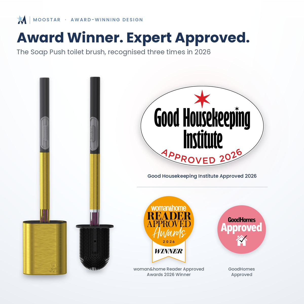 Award-winning Moostar soap push toilet brush shown in two views on a light gray background, with award badges including Good Housekeeping Institute Approved 2026, Women's Home Reader Approved Winner 2026, and Good Homes Approved.