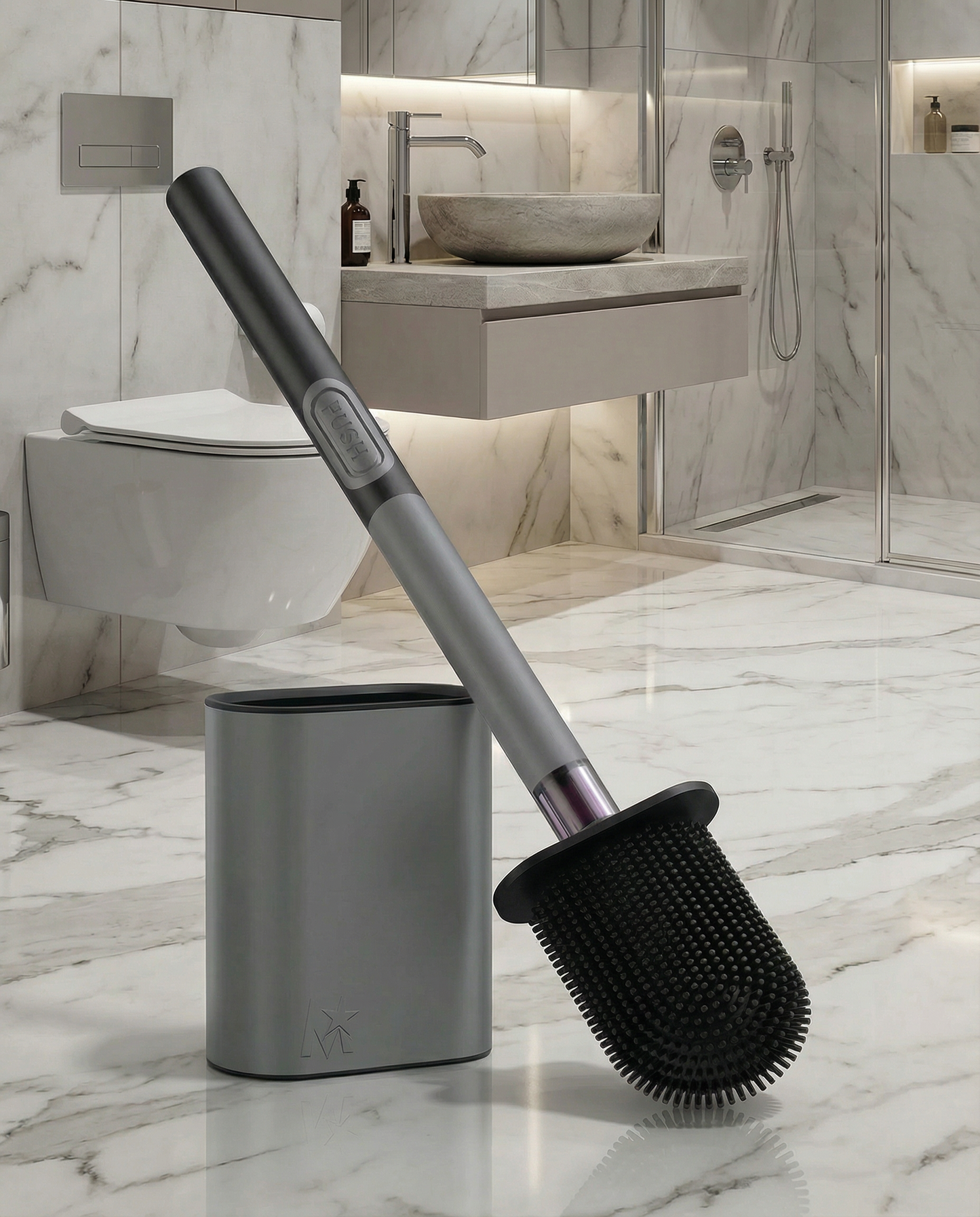 V.2 SILICONE AND (GREY) STAINLESS STEEL TOILET PUSH BRUSH